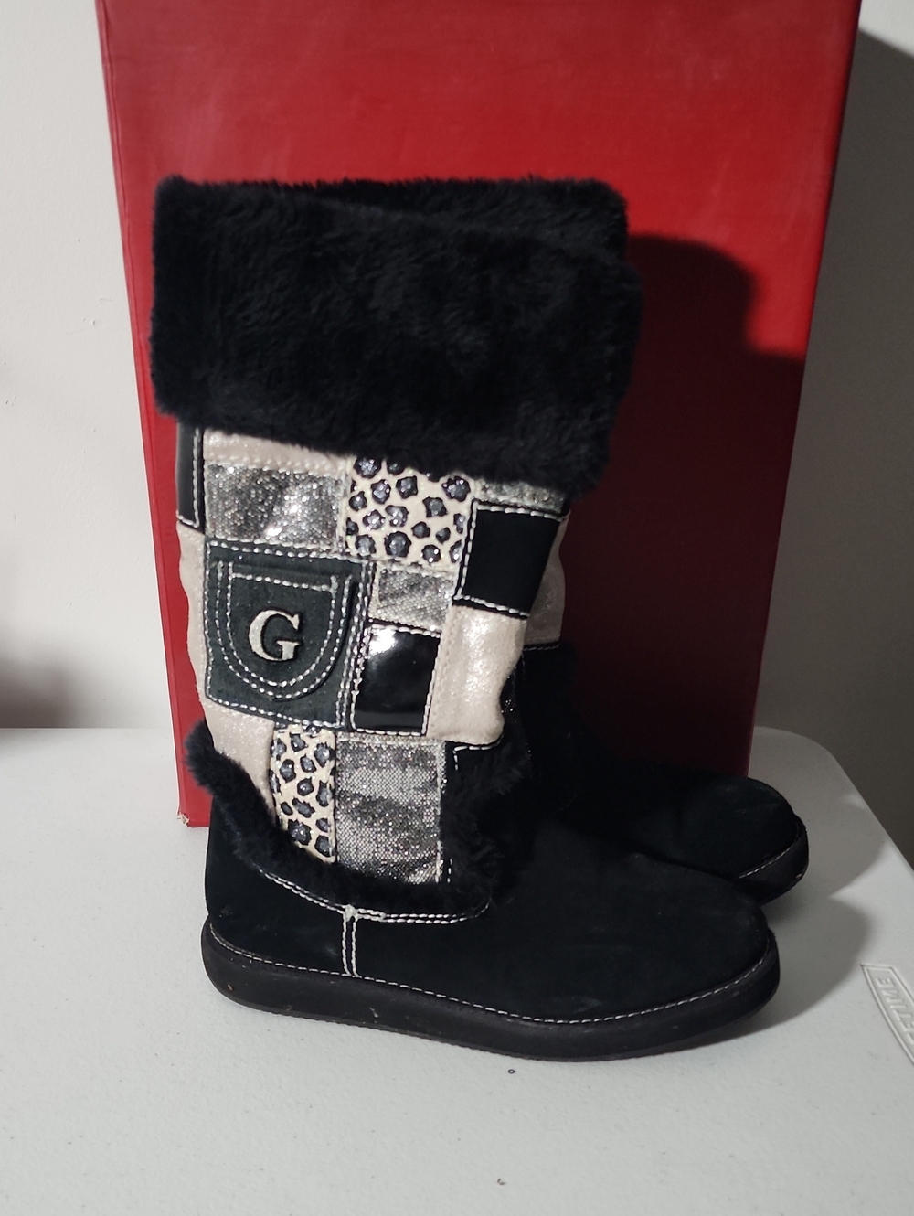 Guess Black and Silver Patchwork Fur-Trim Winter Boots